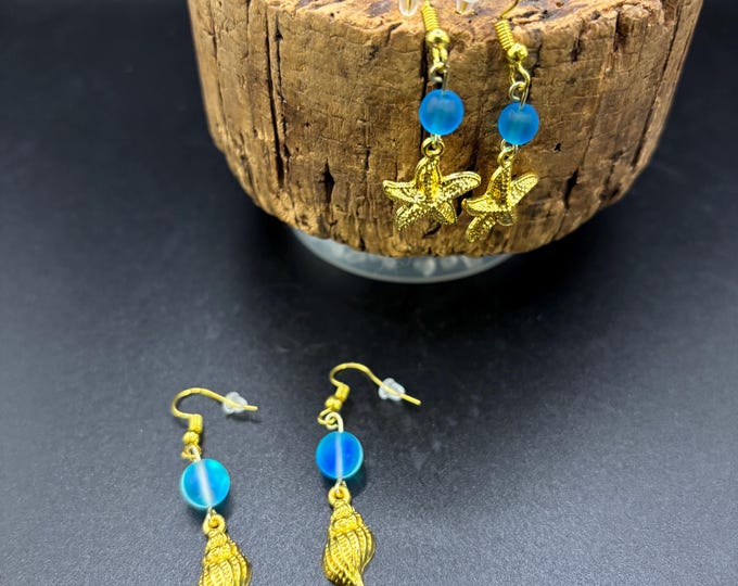 Blue Seaglass Earrings | Blue Seaglass | Seaglass Earrings with Charm | Shell Charm | Starfish