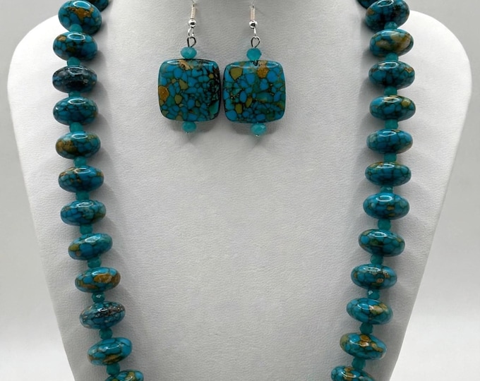 A Mosaic Turquoise Magnesite Statement Necklace | Gemstone Necklace | Magnesite Gemstone | Statement Necklace | Abacus Necklace | Set option
