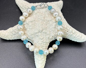Freshwater Pearl and Turquoise Blue Seaglass Bracelet | Freshwater Pearls | Seaglass Bracelet | Pearl Bracelet | Something Blue