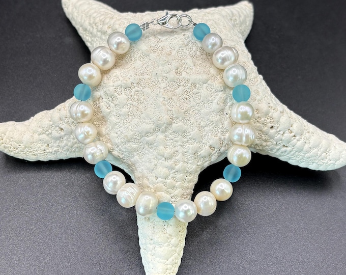 Freshwater Pearl and Turquoise Blue Seaglass Bracelet | Freshwater Pearls | Seaglass Bracelet | Pearl Bracelet | Something Blue