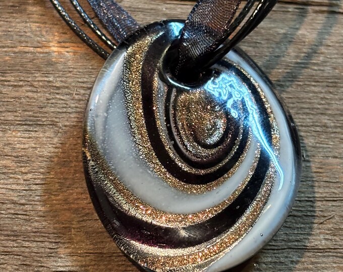 Black and Gold Dust Oval Pendant  | Spiral Design Lampwork Pendant | Glass Lampwork | Glass Pendant Necklace |