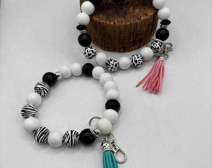 Girly Beaded Wristlet Keychain  | Keychain with Silicone and tassel | Keychain | Key Fob | Wristlet | Animal Print