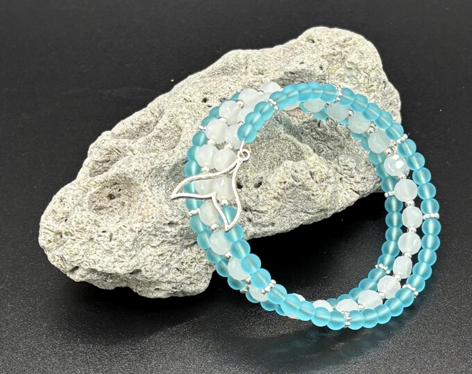 Blue Seaglass Bracelet with Charm | Seaglass Jewelry | Blue  Seaglass |  Seaglass Memory Wire Bracelet | Whale Tail Charm
