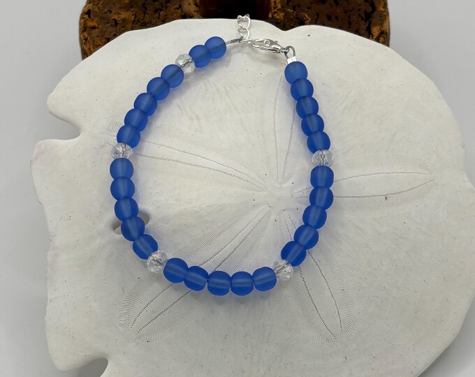 Blue Light Sapphire Seaglass Bracelet | Blue Seaglass | Seaglass Bracelet | 6 mm beads with  Crystals