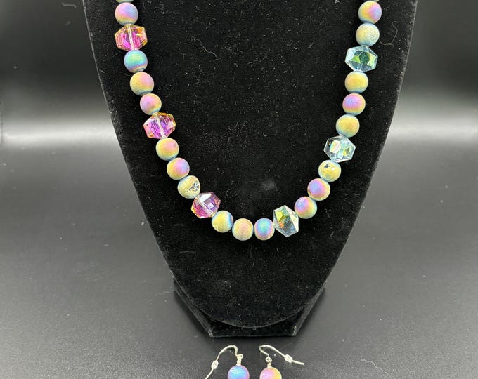 Purple Druzy Statement Necklace Set | Purple Druzy  Gemstones | 18.5” Necklace and Earrings Set