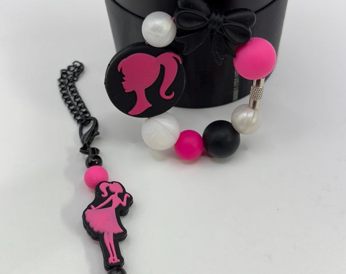 Girly Hot Pink and Black Stanley Cup Bracelet:  Cup Handle Bracelet | Straw Charm | Purse Bracelet | Barbie Inspired