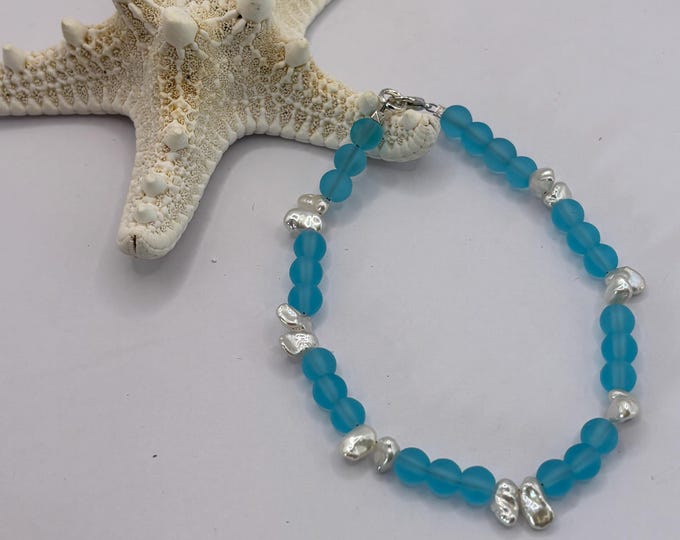 Turquoise Blue Seaglass Bracelet | Blue Seaglass |  White Rice Genuine Pearls | Seaglass Bracelet