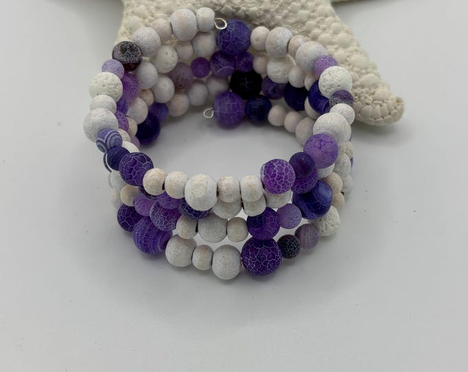 Purple Crackled Agate Gemstone and White Wooden Beads | Memory Wire Bracelet | Multi-Strand Bracelet |