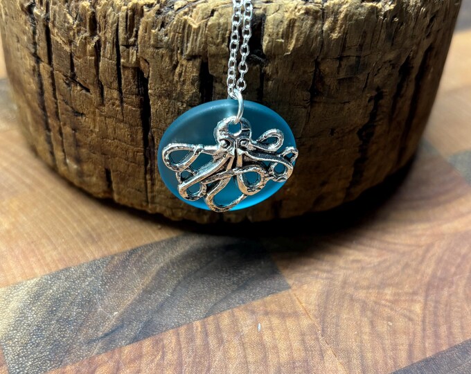 Blue Seaglass Necklaces | Blue Seaglass | Seaglass Necklace with Charm | Octopus Charm