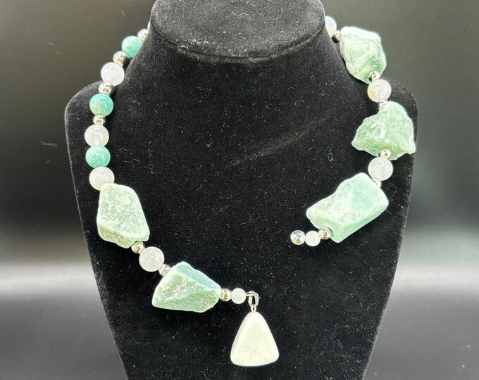 Amazonite Statement Necklace | Amazonite Moonstone and  Aventurine Gemstones | White Howlite Pendant | Choker Style Necklace
