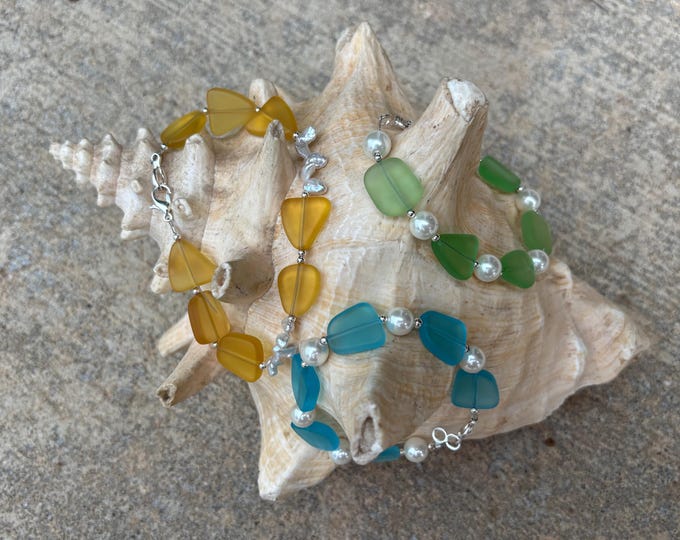 Seaglass Bracelet | Turquoise Blue Seaglass  | Peridot Seaglass | Gold Seaglass |  Pearls | Seaglass Bracelet