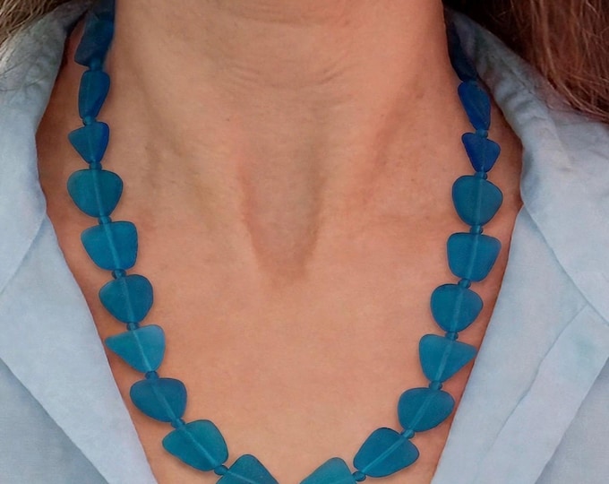 A Peacock Blue Seaglass Necklace | Seaglass Necklace | Freeform Pieces of Seaglass | Statement Necklace | 19” | Set Option
