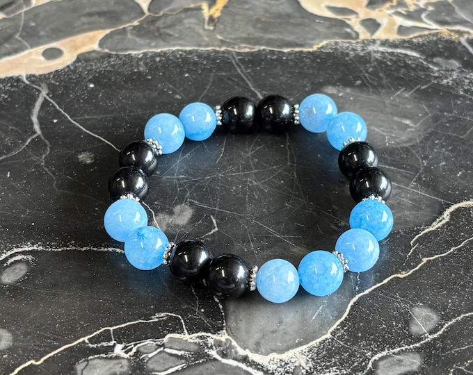 Aquamarine and Onyx | Onyx  bracelet | Aquamarine bracelet | Gemstone bracelet | Stretch Bracelet