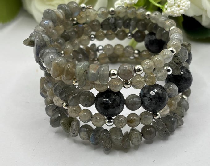 Labradorite Bracelet | Memory Wire Bracelet | Multistrand Bracelet | Labradorite Gemstones | 5 Strand Statement piece