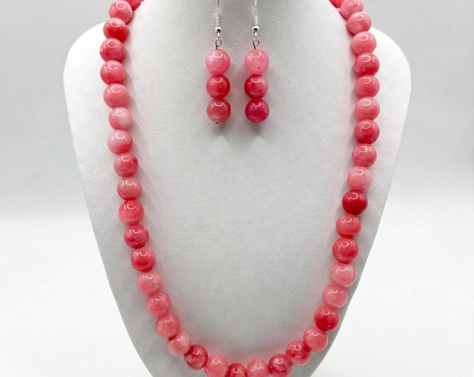 Pink Jade Gemstone Necklace | Pink Jade |  Statement Necklace | Gemstone Necklace and Earring Set