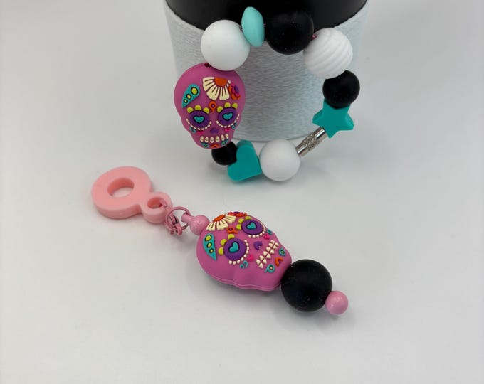 Sugar Skulls White and Black Stanley Cup Bracelet:  Cup Handle Bracelet | Straw Charm | Purse Bracelet | Halloween | Skull