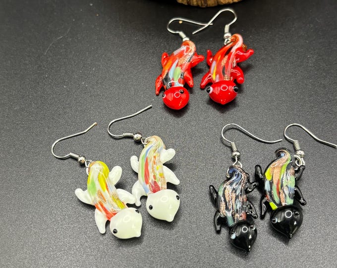 Lampwork Glass Gecko  Earrings |  Millefiori | Murano Inspired Lamp Work  |  White Red or Black Glass Earrings