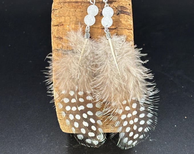 Guinea Fowl Feather Earrings | Bohemian Earrings | Sterling Silver Feather Earrings | Moonstone Accent  | Boho Style