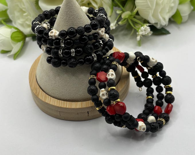 Skull Memory Wire Bracelet | Black Lava Rock  | Onyx Gemstones | Howlite Skulls | Skull Bracelet |