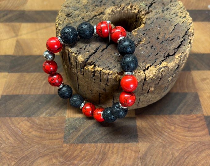 Black Lava and Red Turquoise | Turquoise bracelet | Gemstone bracelet | Stretch Bracelet | Black Lava Rock | Diffuser Bracelet