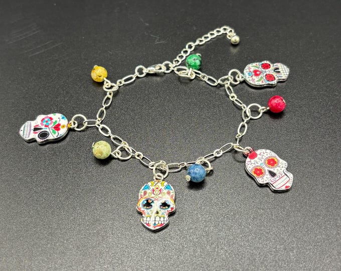 Silver Charm Bracelet with Sugar Skulls and Gemstones | Halloween Gemstone bracelet | Charm Bracelet | Sugar Skull bracelet |