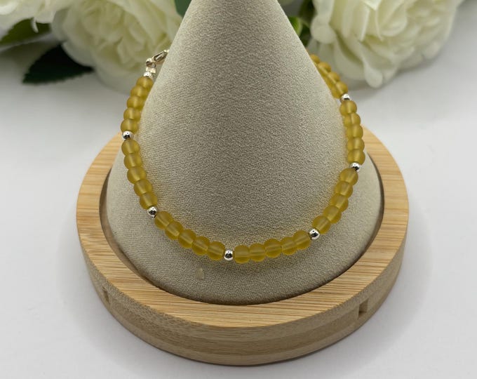 Amber Yellow Seaglass Bracelet | Yellow Gold Seaglass | Seaglass Bracelet | Minimalist 4mm beads