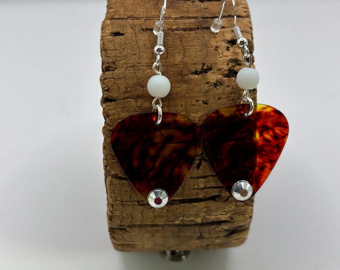 Guitar Pick Earrings  | Silver Accents  | Guitar Picks Earrings | Music Earrings | Band Bling | Seaglass Beads | Sterling Silver