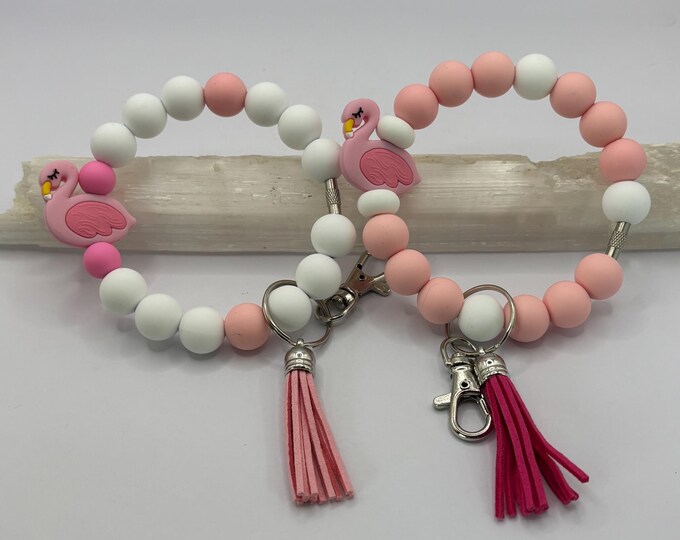 Pink Flamingo Beaded Wristlet Keychain  | Keychain with Silicone and tassel | Keychain | Key Fob | Wristlet