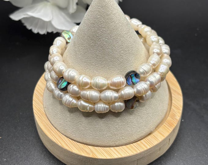 Abalone and Freshwater Pearls Memory Wire Bracelet | Seaglass Jewelry | Beach Glass Bracelet |