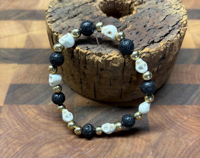 Black Lava and White Howlite  Gemstones | Halloween Gemstone bracelet | Stretch Bracelet | Skull bracelet |