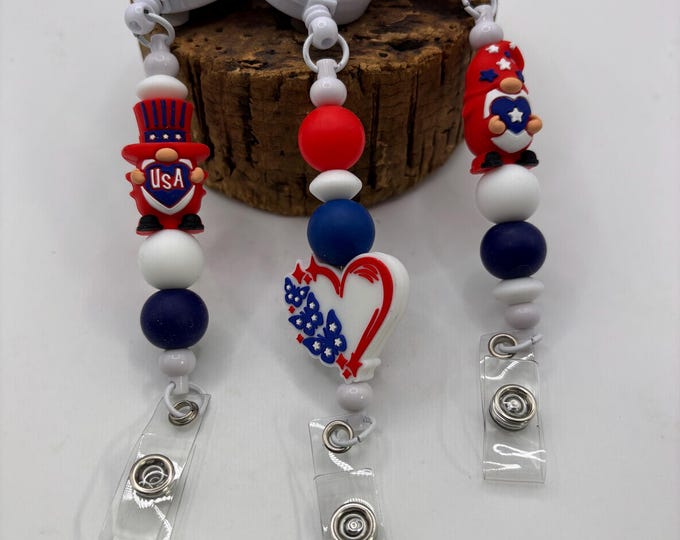 Patriotic Badge Reels Beaded  | Retractable Badge Holder | Silicone Beads | USA