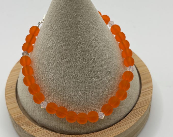 Tangerine Orange Seaglass Bracelet | Orange Seaglass | Seaglass Bracelet | 6 mm beads with  Swarovski Crystals