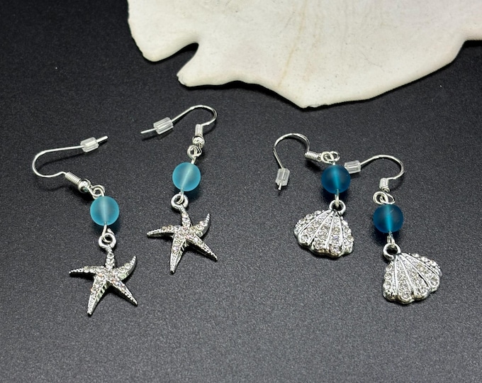 Silver and Crystal Shell  and Seaglass Earrings | Seaglass | Beach Glass Earrings on Sterling Silver