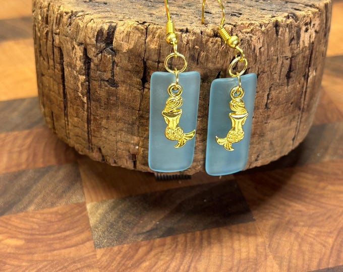 Blue Seaglass Earrings | Blue Seaglass | Seaglass Earrings with Charm | Mermaid Charm