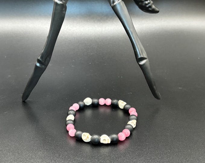 Pink Jade Gemstones | Halloween Gemstone bracelet | Stretch Bracelet | Skull bracelet | Pinkoween