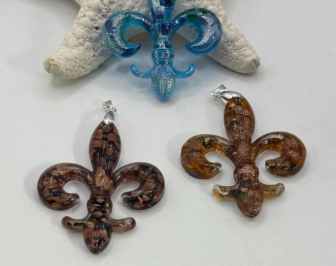 Fleur De Lis  Pendant Necklace | Lampwork Glass  |  Glass Fleur De Lis | Murano Inspired Pendant | Necklace With Cord