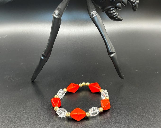 Orange Beads and Crystal Skulls | Halloween Gemstone bracelet | Stretch Bracelet | Skull bracelet |