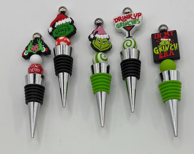 A Christmas Wine Bottle Stopper :  Silicone Beaded Bottle Stopper | Grinch Theme | Drink Up Grinches | Barware