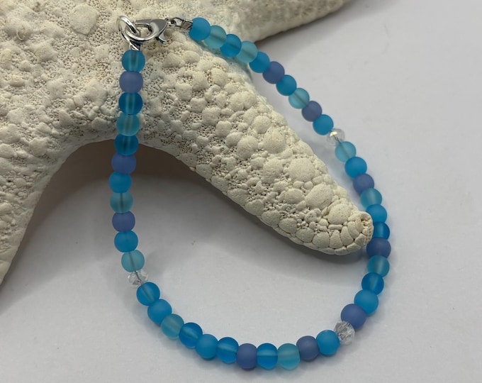 Blue Seaglass Bracelet | Shades of Blue Seaglass | Seaglass Bracelet | Minimalist Bracelet | 4mm Seaglass  beads