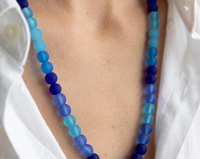 Shades of Blue Seaglass Necklace | Seaglass Necklace | 8mm Beads | Beach Glass Rounds | Statement Necklace