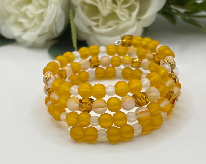 Marigold Yellow Seaglass Bracelet | Memory Wire Bracelet | Multi-Strand Bracelet |  Golden Yellow AB Fused Beach Glass