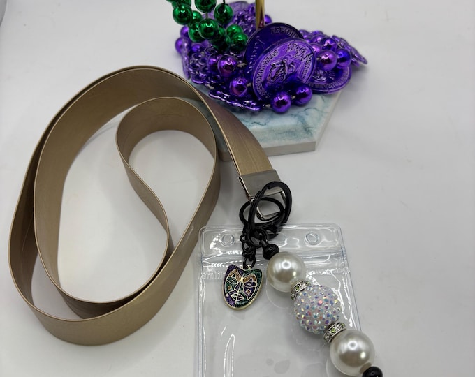 Gold Faux Leather Beaded Lanyard | Mardi Gras Theme | Mardi Gras Beads and Charm | Cruise Lanyard | Badge Sleeve
