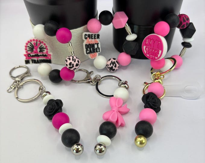 Cheerleader Pink White Black Stanley Cup Bracelet:  Cup Handle Bracelet | Straw Charm | Purse Bracelet | Animal Print