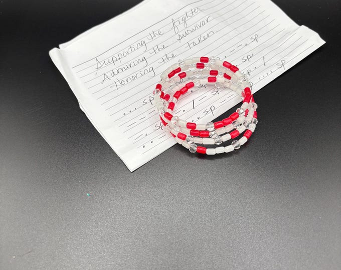 Red and  White Cats Eye Beads| Memory Wire  Bracelet | Morse Code bracelet | Supporting the Fighter Quote