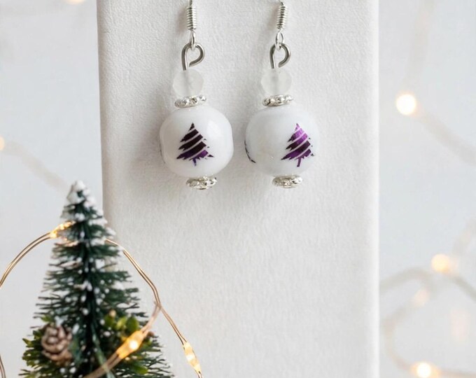 Christmas Tree Glass Earrings | Holiday Earrings |  Crystal Accent | Christmas Earrings |