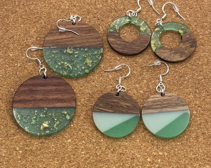 Walnut Wood and Beach Glass Earrings | Green Seaglass | Beach Glass Earrings
