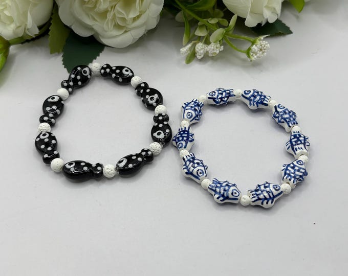 Porcelain Fish Bracelet |  Gemstone bracelet  | Fish Theme Bracelets | Beach Theme Jewelry