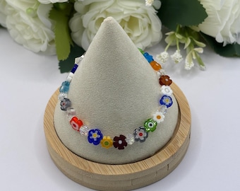 Pulsera de cuentas de vidrio con diseño de flores Millefiori / Cuentas decorativas de cristal austriaco - 19,7 cm