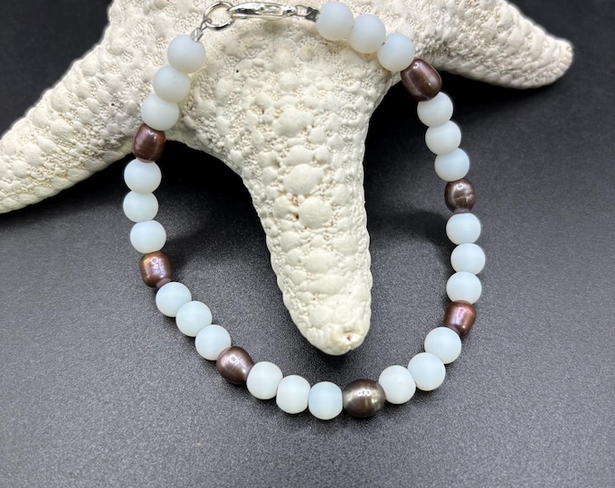 White Seaglass Bracelet | Copper Freshwater Pearls | Seaglass Bracelet | 6 mm beads