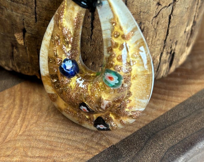 Millefiori Glass Tear Drop Necklace | Glass Pendant Necklace | MilleFiori Jewelry | Glass Teardrop Pendant | Necklace With Cord